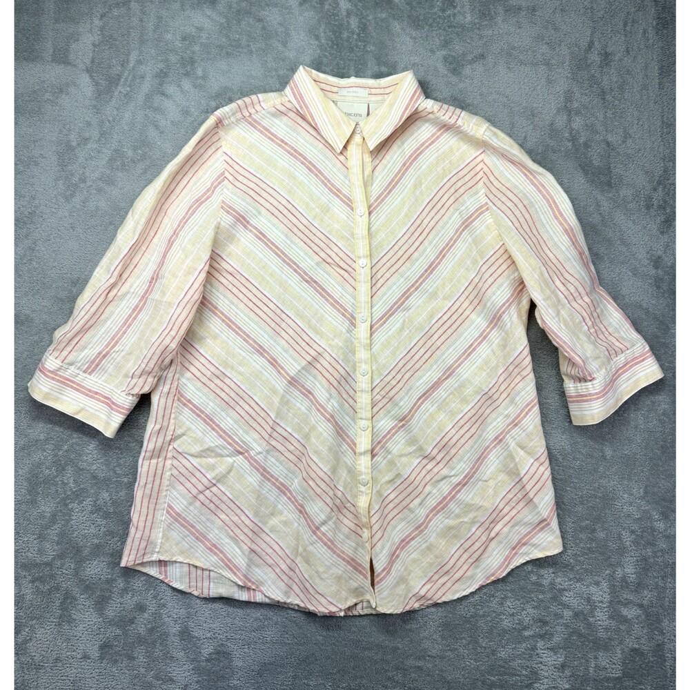 Chicos Shirt Women’s 2 Large Colorful 3/4 Sleeve Striped No-Iron Linen Tunic Top